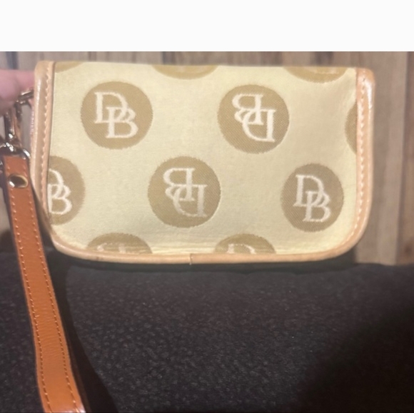 Dooney & Bourke Vintage Tan And Brown  Logo Wristlet with Leather Trim - Picture 2 of 3